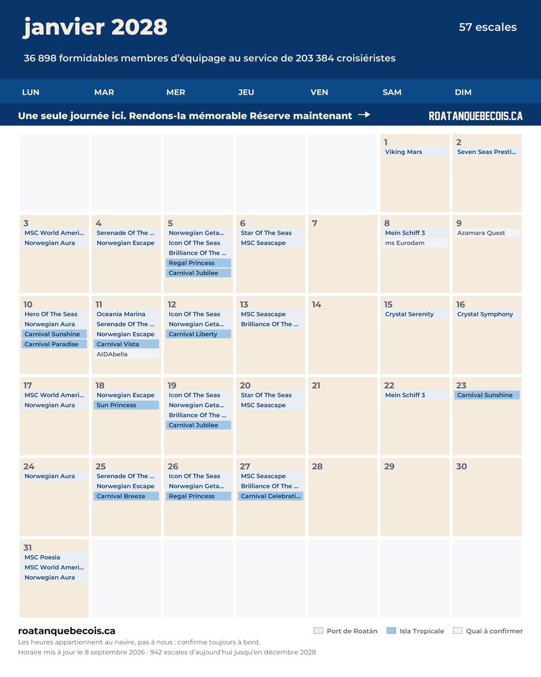 Calendrier des navires de croisière à Roatán pour janvier 2028 : chaque escale, navire par navire et quai par quai