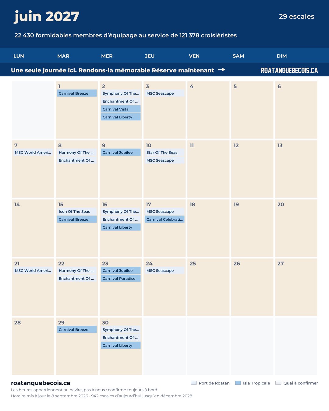 Calendrier des navires de croisière à Roatán pour juin 2027 : chaque escale, navire par navire et quai par quai
