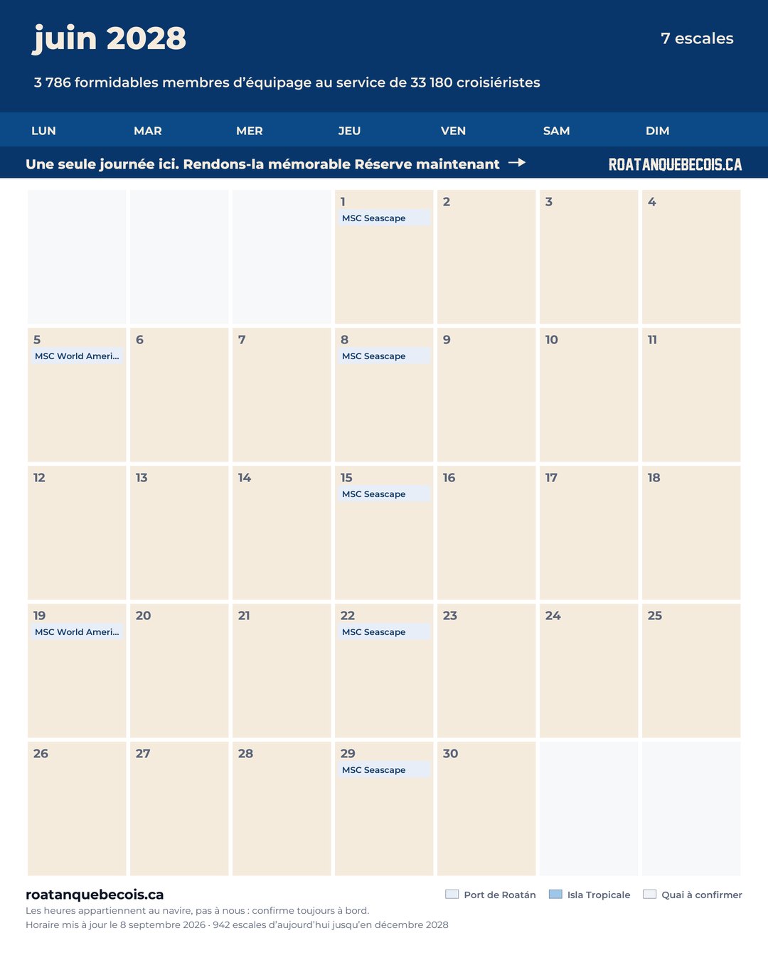 Calendrier des navires de croisière à Roatán pour juin 2028 : chaque escale, navire par navire et quai par quai
