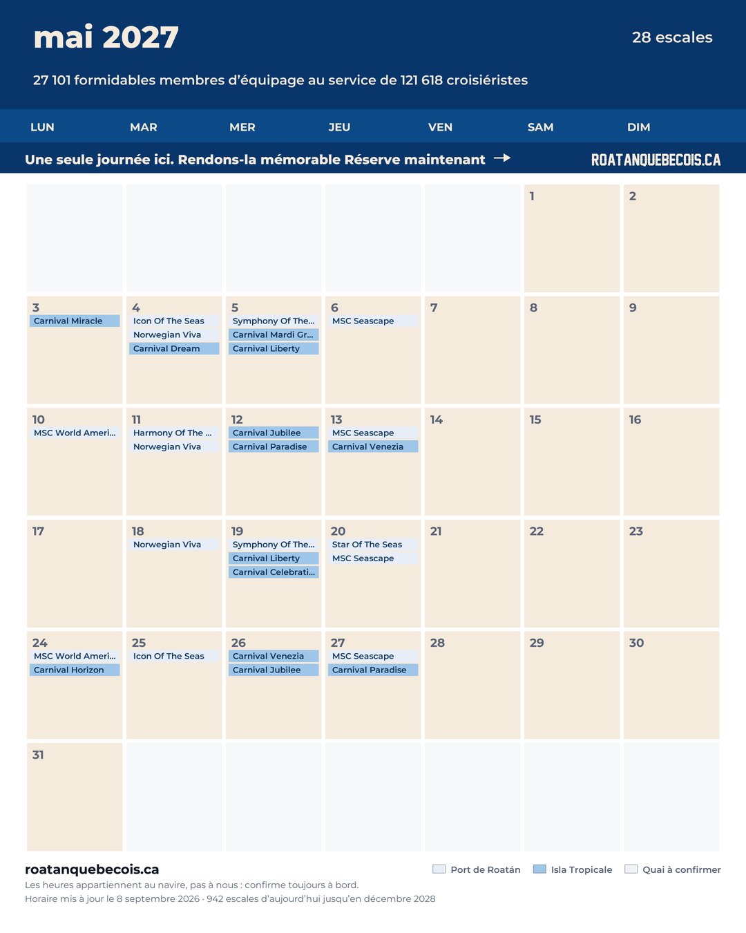 Calendrier des navires de croisière à Roatán pour mai 2027 : chaque escale, navire par navire et quai par quai