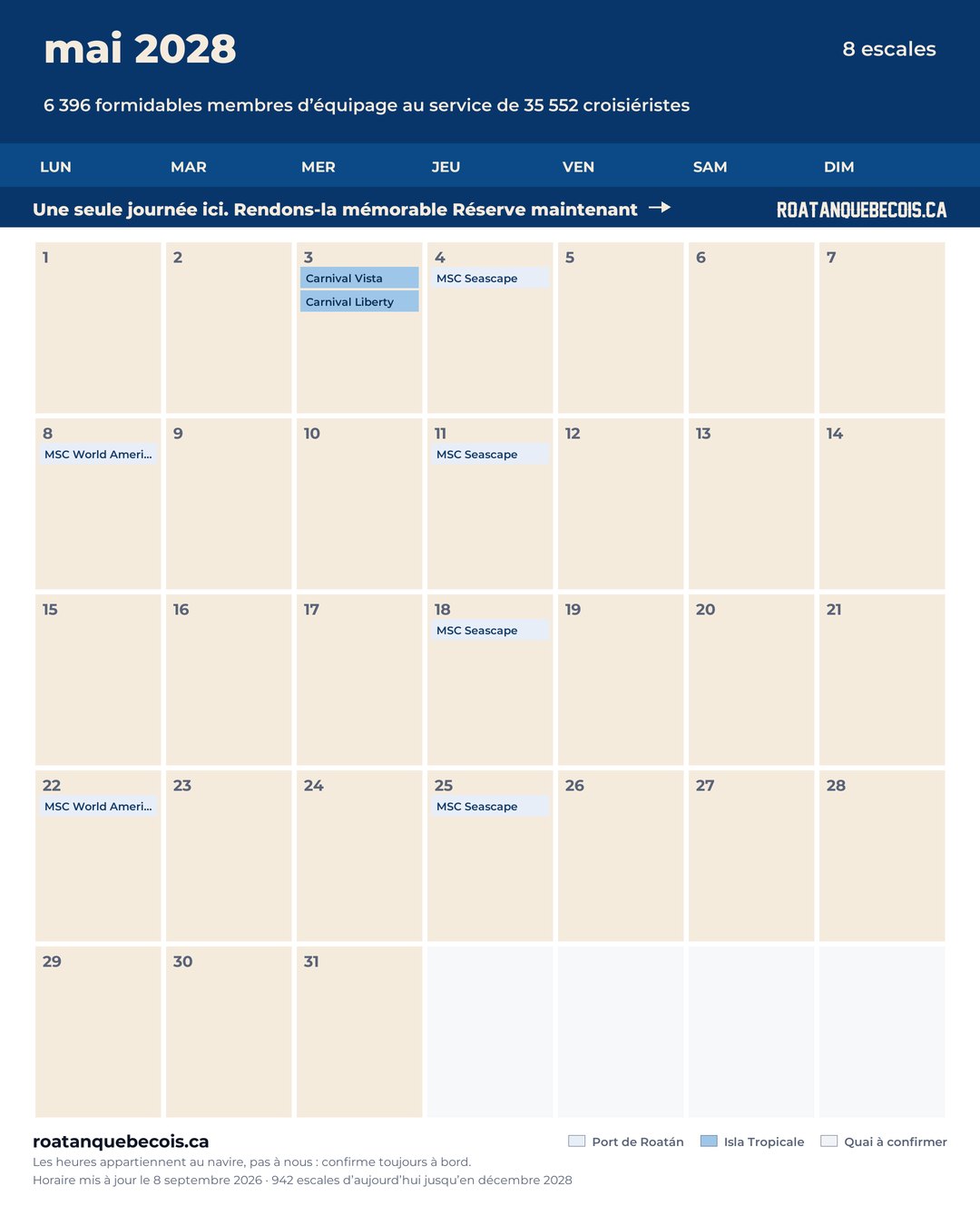 Calendrier des navires de croisière à Roatán pour mai 2028 : chaque escale, navire par navire et quai par quai