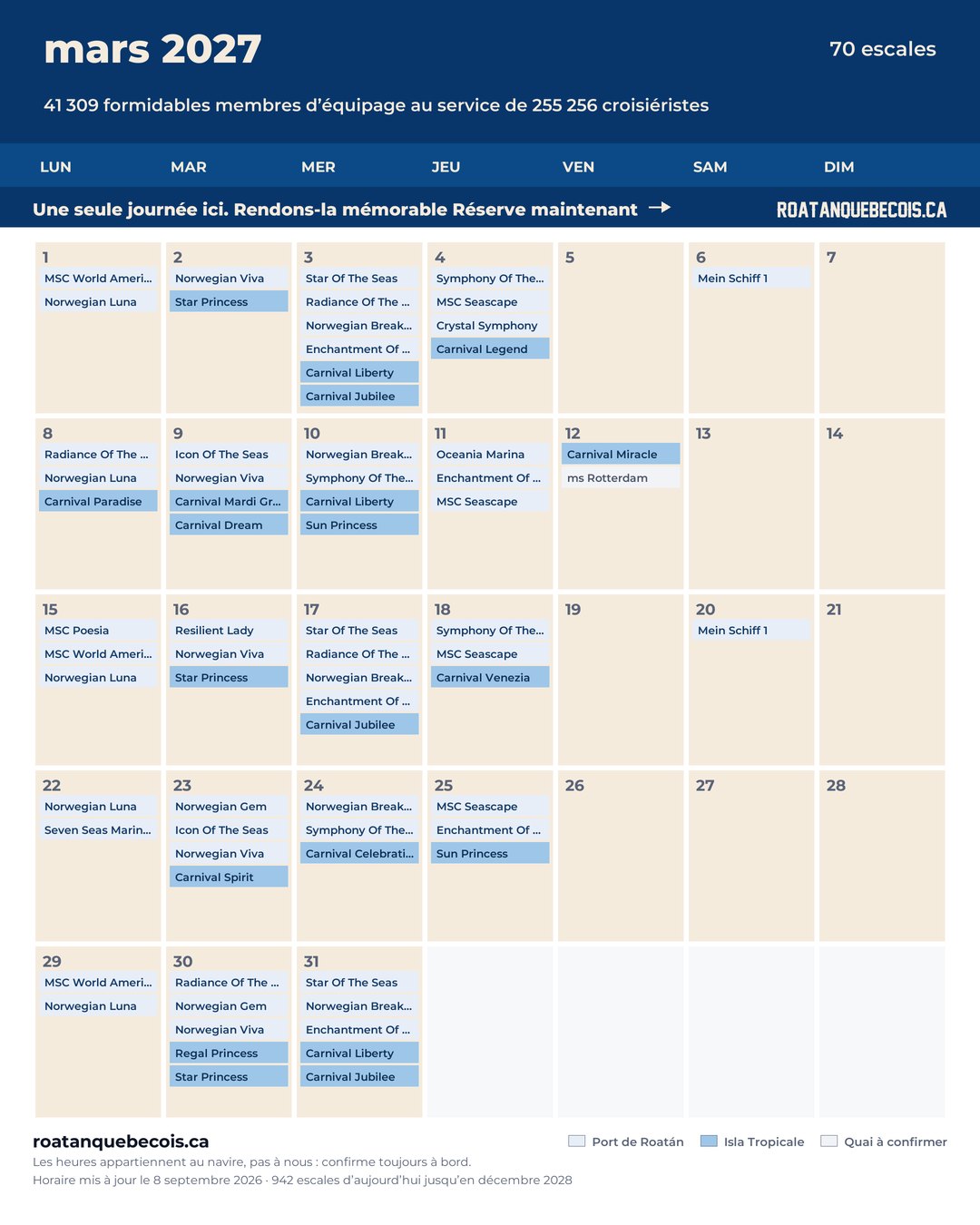 Calendrier des navires de croisière à Roatán pour mars 2027 : chaque escale, navire par navire et quai par quai