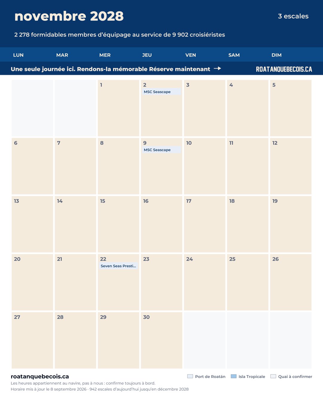 Calendrier des navires de croisière à Roatán pour novembre 2028 : chaque escale, navire par navire et quai par quai