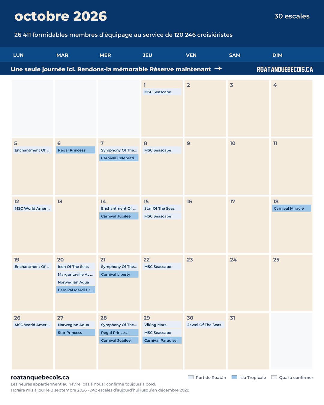 Calendrier des navires de croisière à Roatán pour octobre 2026 : chaque escale, navire par navire et quai par quai