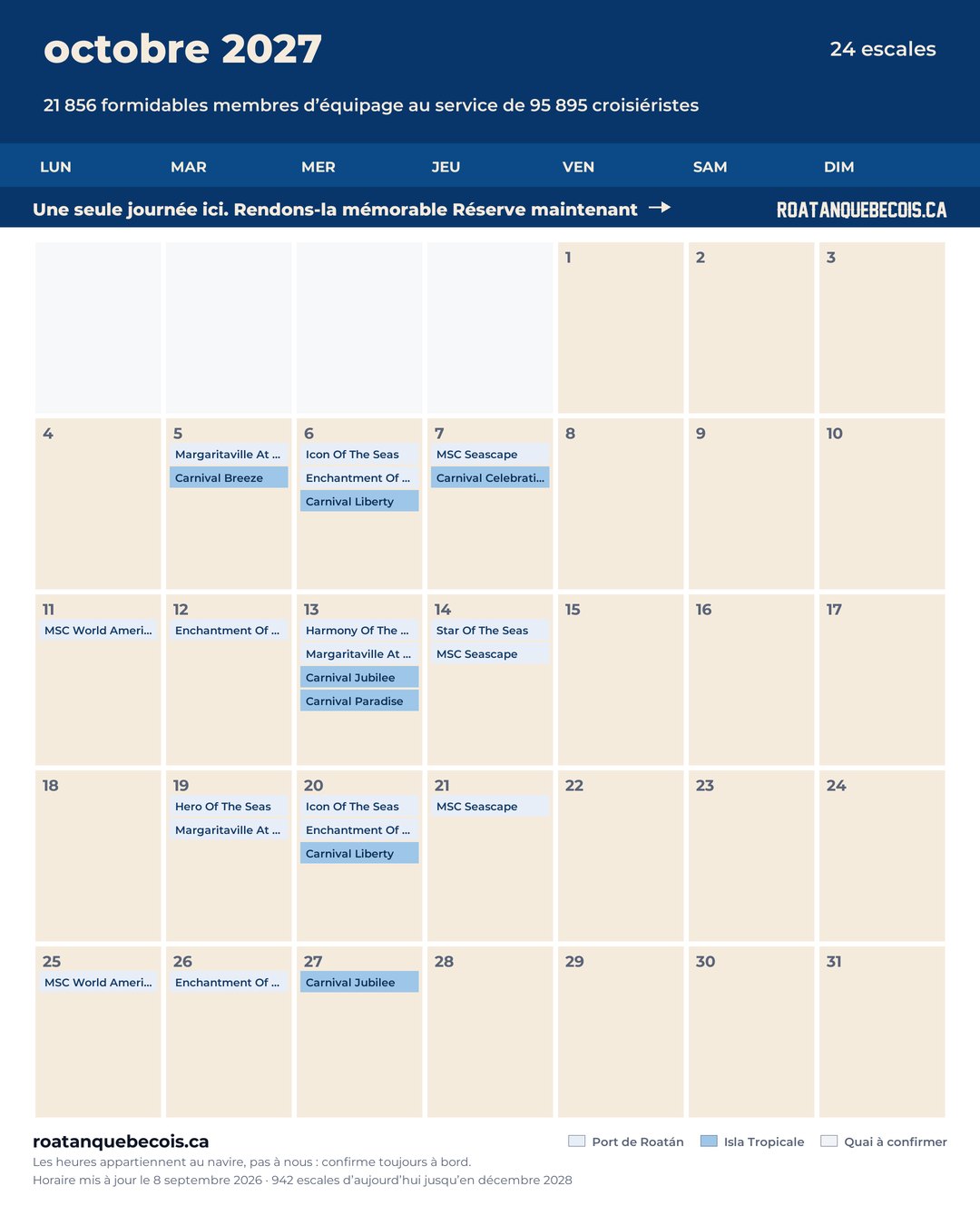 Calendrier des navires de croisière à Roatán pour octobre 2027 : chaque escale, navire par navire et quai par quai