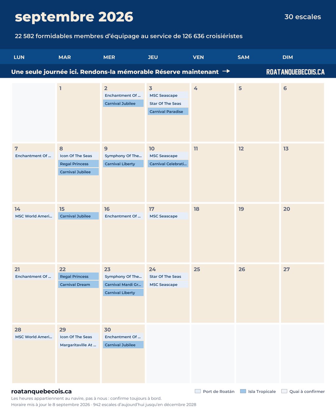 Calendrier des navires de croisière à Roatán pour septembre 2026 : chaque escale, navire par navire et quai par quai