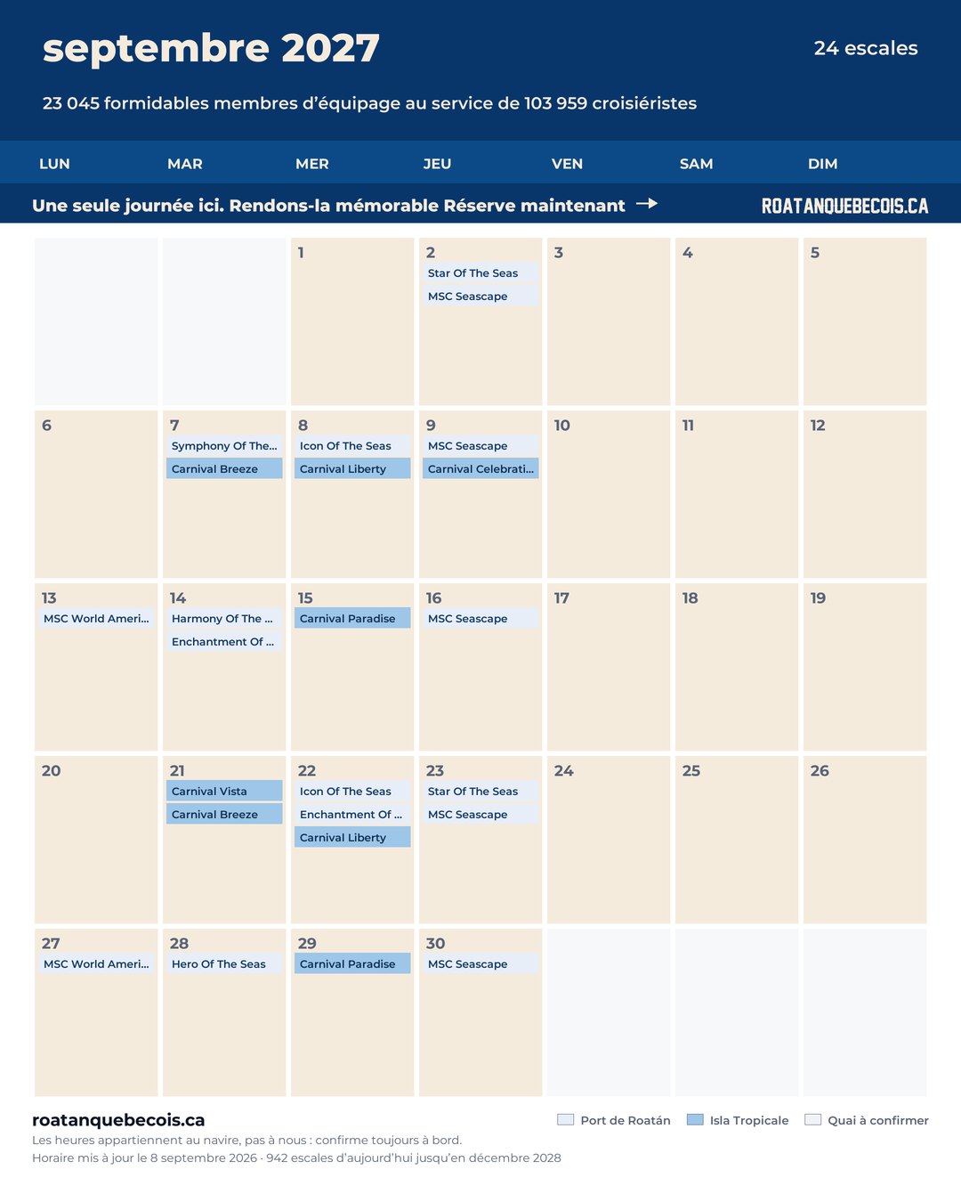 Calendrier des navires de croisière à Roatán pour septembre 2027 : chaque escale, navire par navire et quai par quai