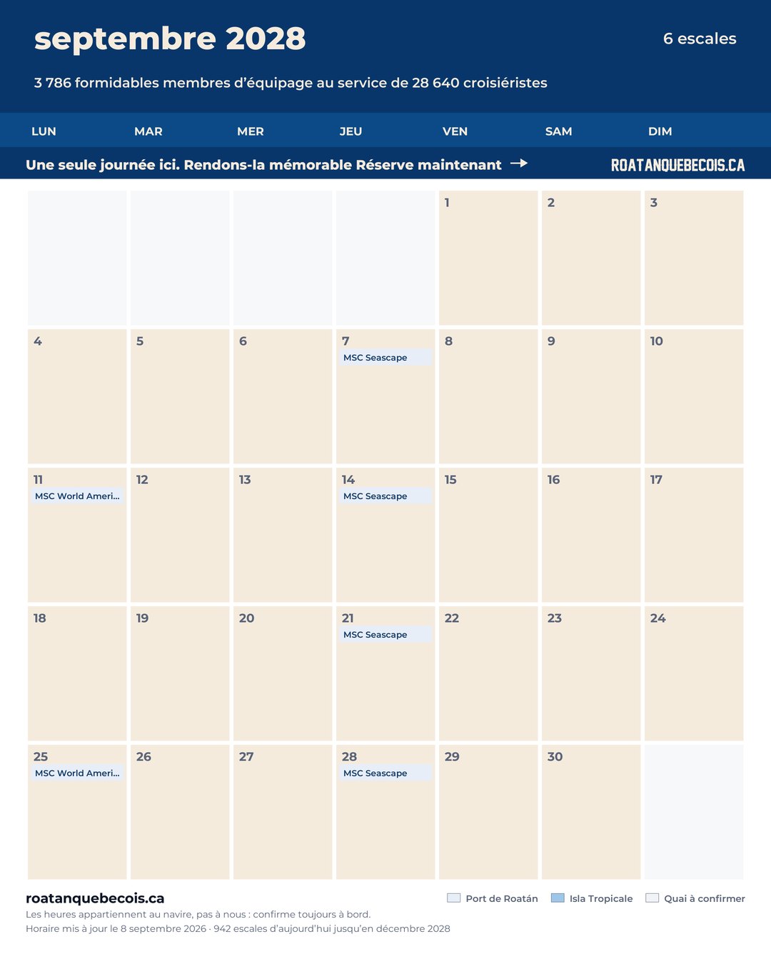 Calendrier des navires de croisière à Roatán pour septembre 2028 : chaque escale, navire par navire et quai par quai
