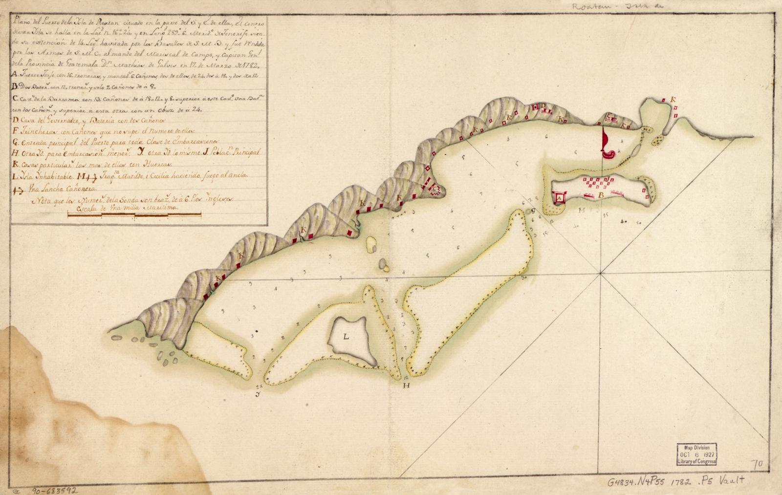 Plan manuscrit espagnol du port de Roatán dressé en 1782, à la plume et à l'aquarelle, montrant New Port Royal avec les profondeurs relevées au sondage.