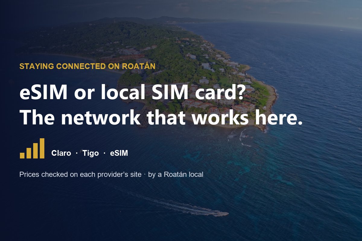 Aerial view of West Bay, Roatán, with the title “eSIM or local SIM card? The network that works here”